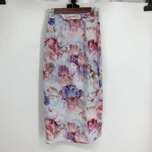 Ever New  Spring-Toned Multicolor Floral Lizzie drape thigh split midi skirt 2 - Picture 2 of 13